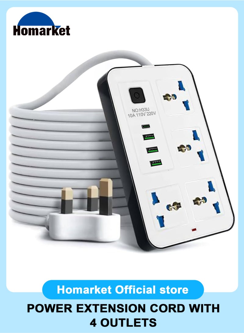 HomarKet 5 Meters Universal Extension Lead with Multiple Function UK Plug 3 Pin Socket Outlet with 4 Gang 3 USB Port 1 Type-C Port 5M 4 Way Electric Socket Extension Cord Power Strip for Home Kitchen and Office(White） - Image 1